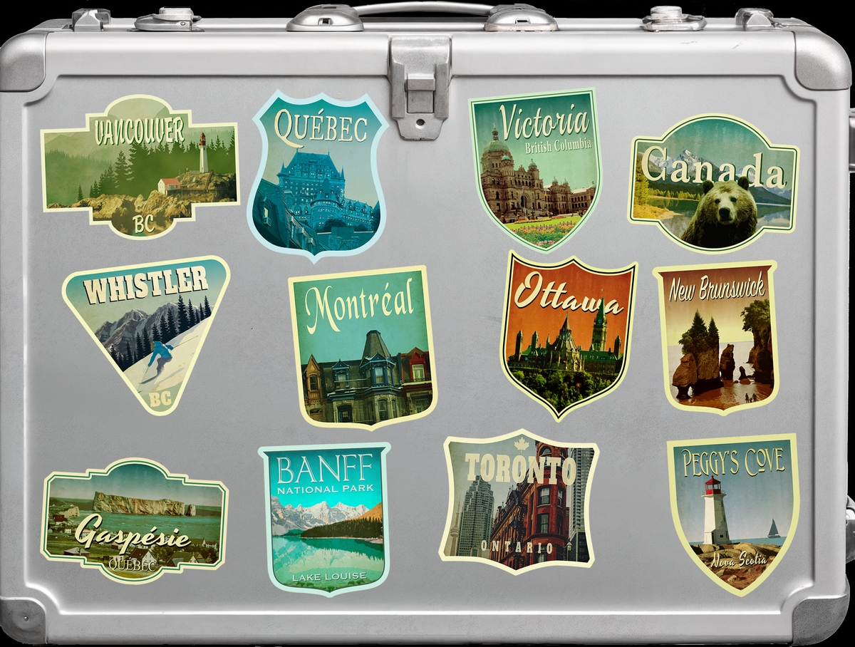 Canada Travel Stickers Pack, vintage-style Travel Gift, Decals for luggage, suitcase, scrapbook, planner, laptop or water bottle.