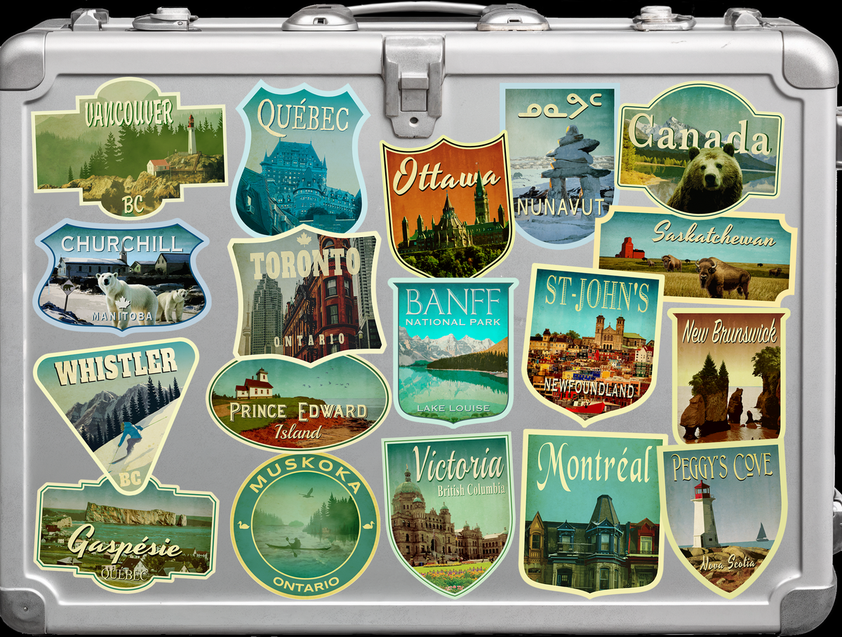 Canada Travel Stickers Pack, vintage-style Travel Gift, Decals for luggage, suitcase, scrapbook, planner, laptop or water bottle.