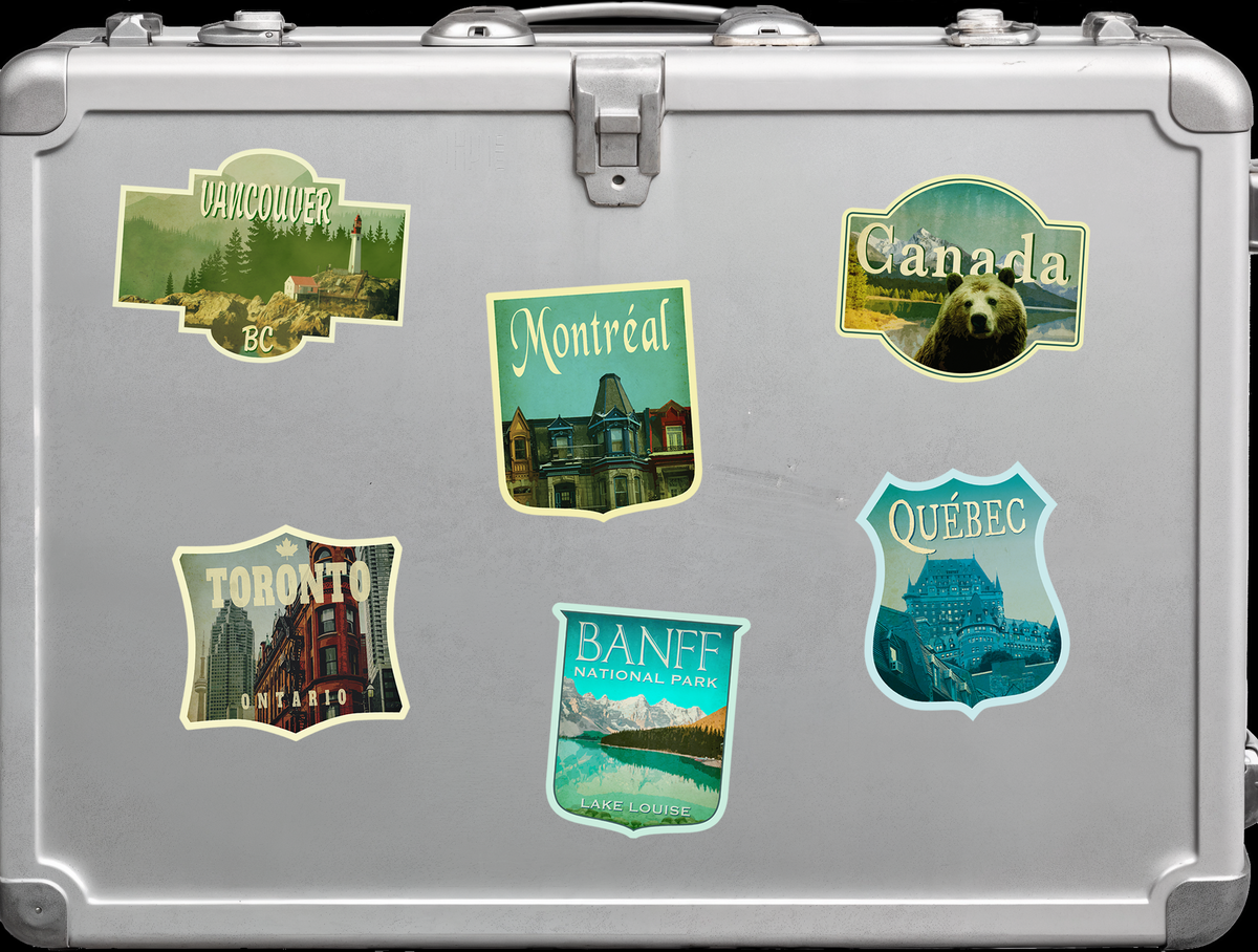 Canada Travel Stickers Pack, vintage-style Travel Gift, Decals for luggage, suitcase, scrapbook, planner, laptop or water bottle.