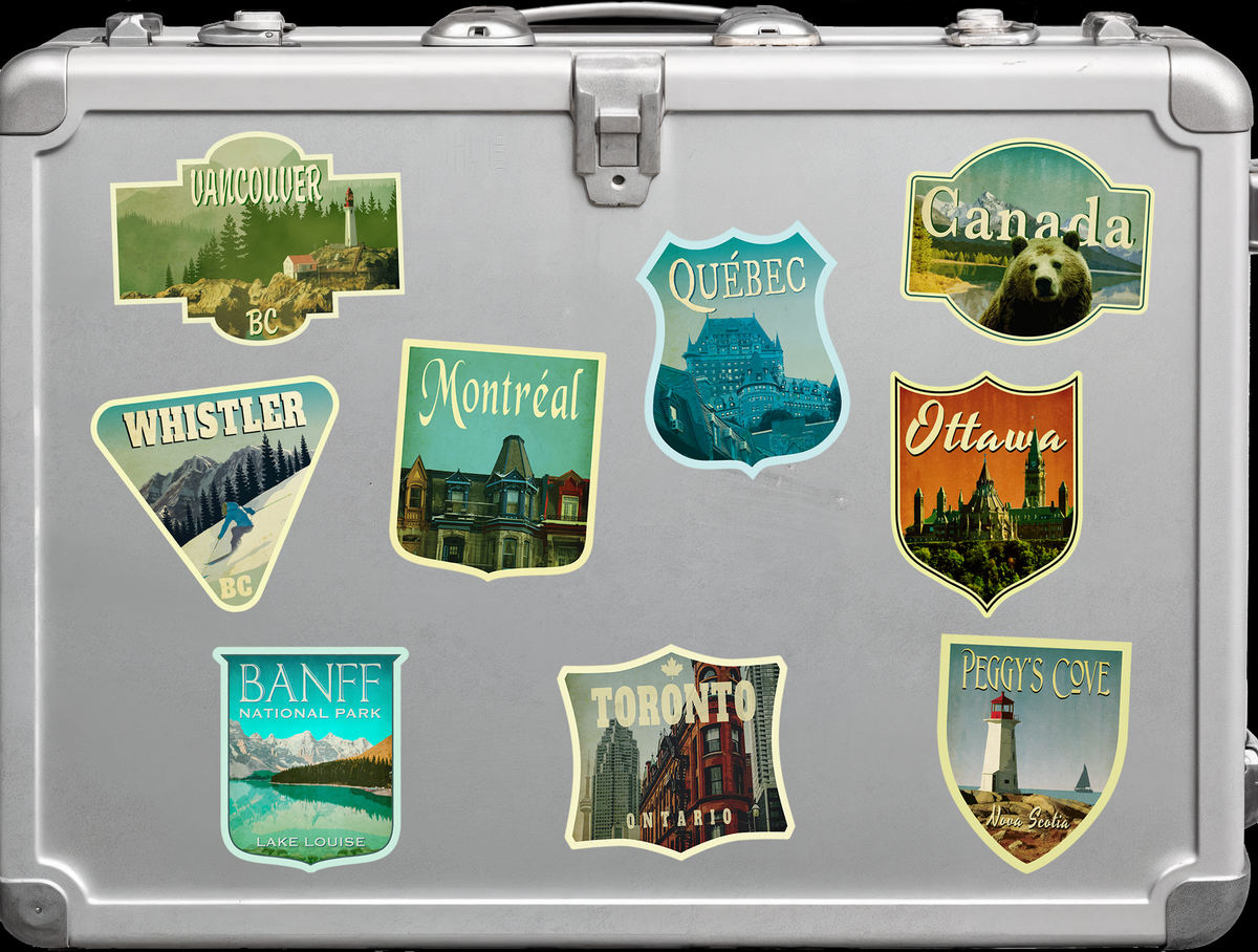 Canada Travel Stickers Pack, vintage-style Travel Gift, Decals for luggage, suitcase, scrapbook, planner, laptop or water bottle.