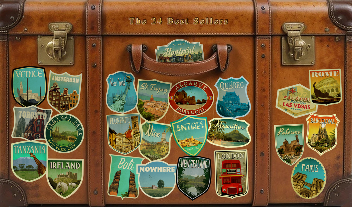 Custom Sticker 24-Pack, Vintage-Style Travel Decals