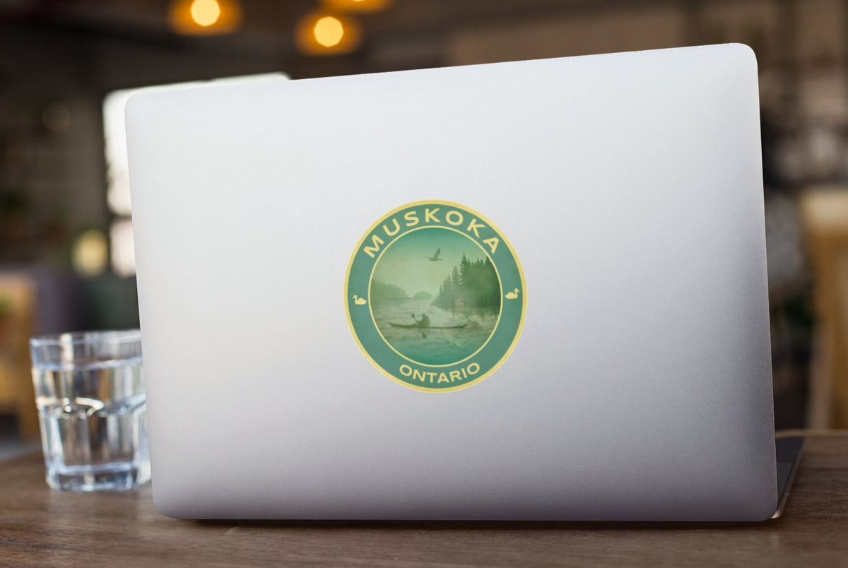 Muskoka Ontario travel sticker, vintage style decal for suitcase, luggage, laptop or water bottle
