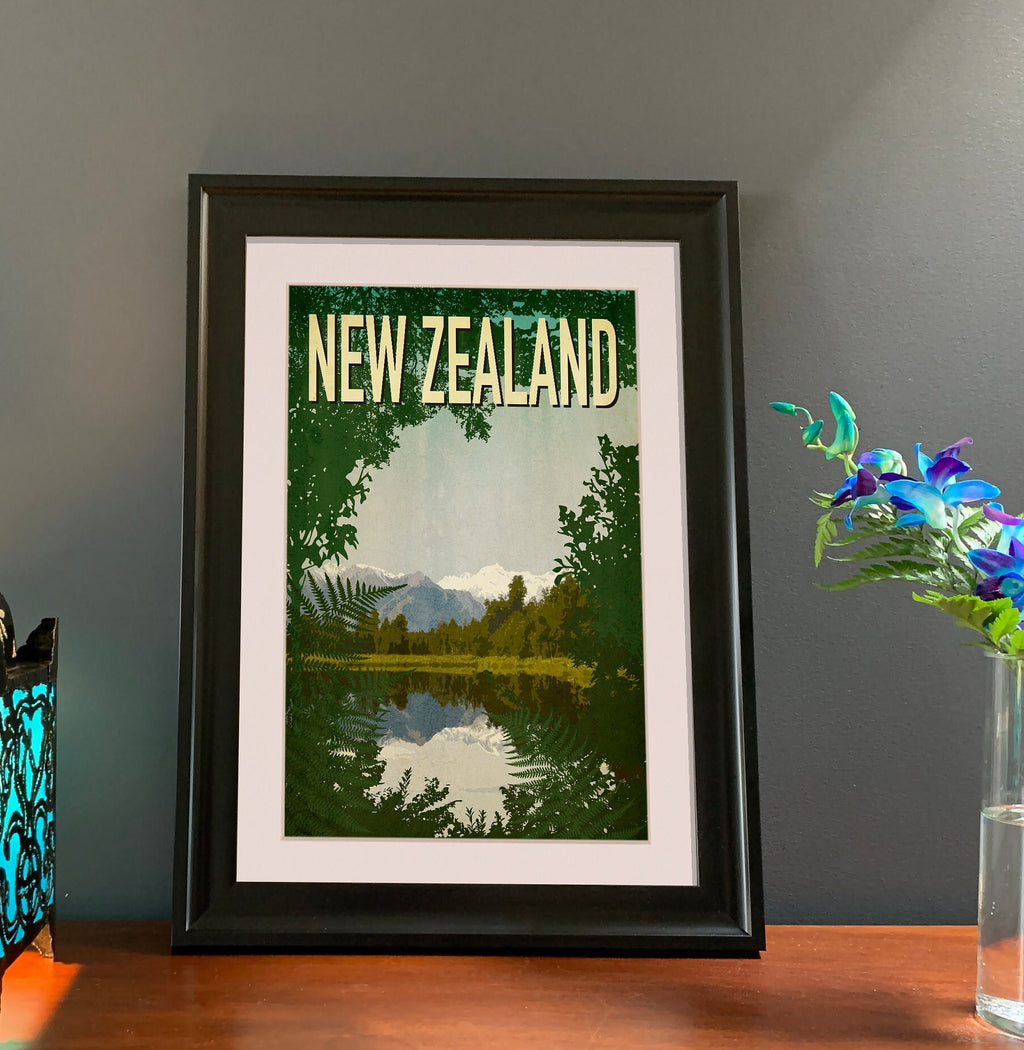 Lake Matheson New Zealand Art Print: Vintage Travel Poster
