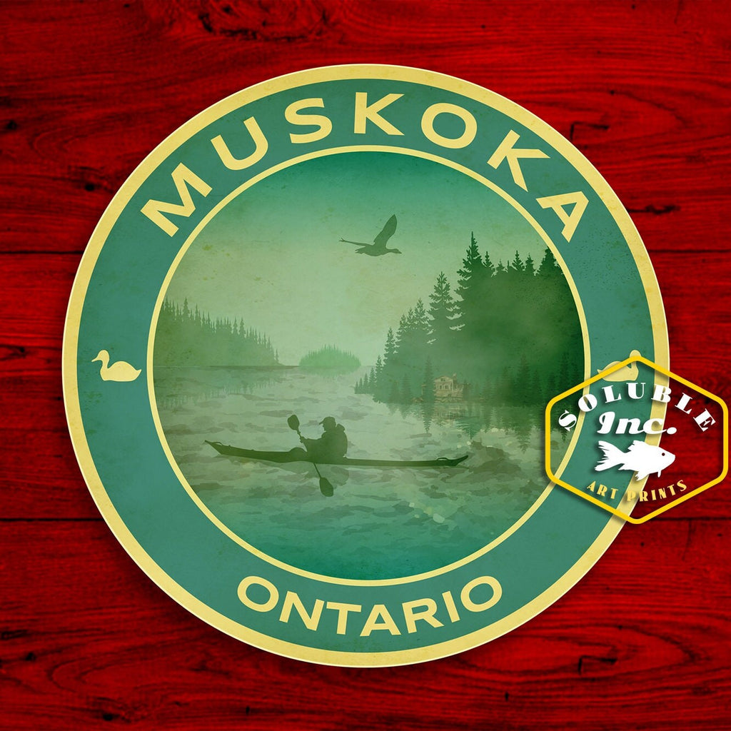 Muskoka Ontario travel sticker, vintage style decal for suitcase, luggage, laptop or water bottle