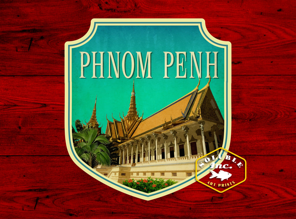 Phnom Penh travel sticker, vintage style decal for suitcase, luggage, laptop or water bottle