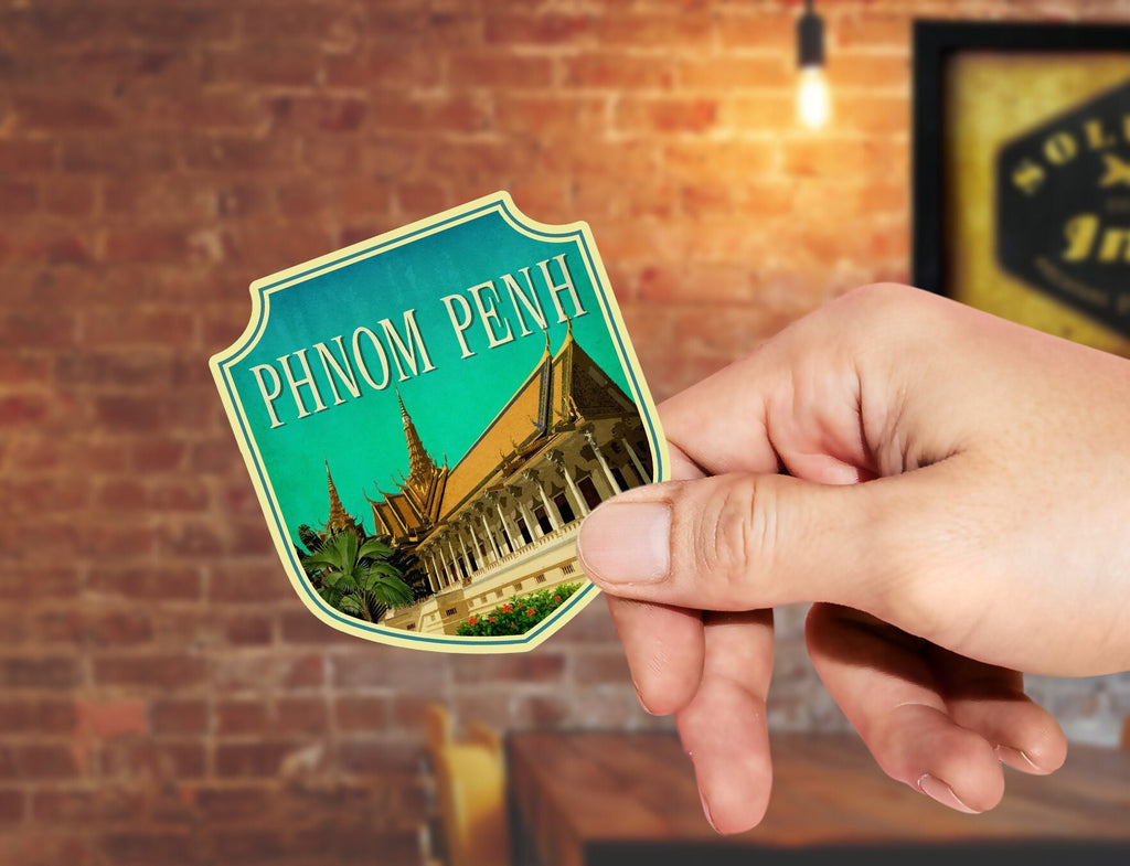 Phnom Penh travel sticker, vintage style decal for suitcase, luggage, laptop or water bottle