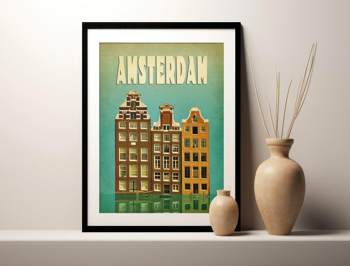 Vintage Amsterdam Travel Poster: Minimalist Home Decor Art Print