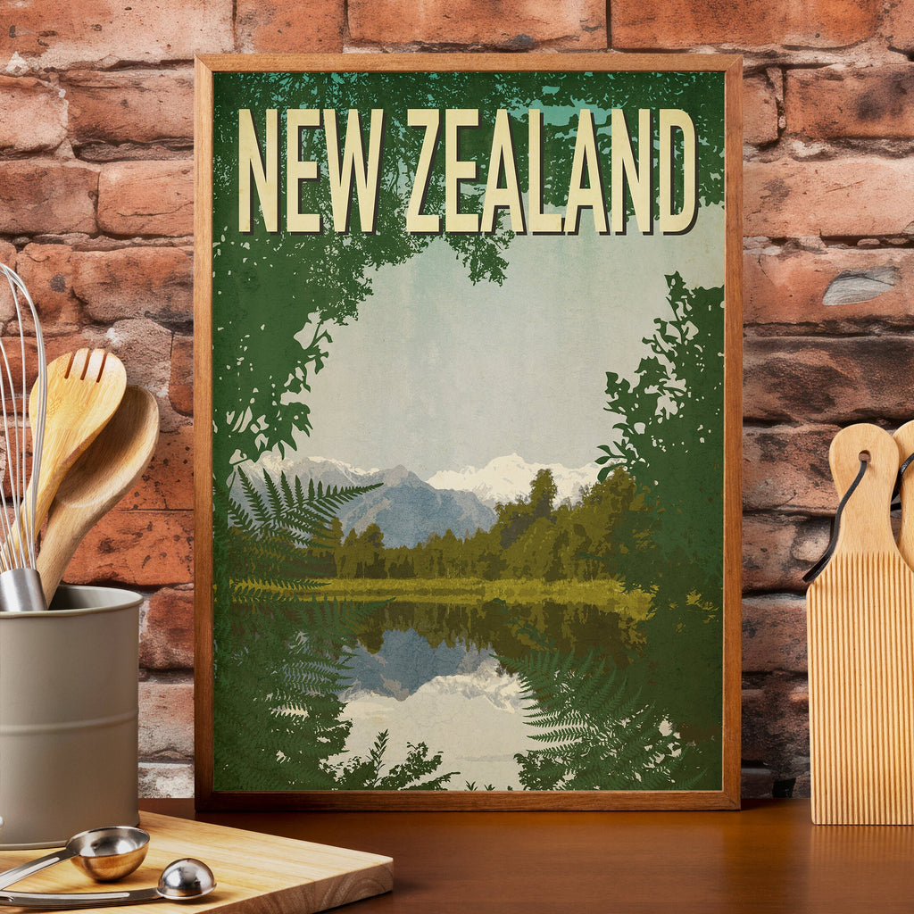 Lake Matheson New Zealand Art Print: Vintage Travel Poster