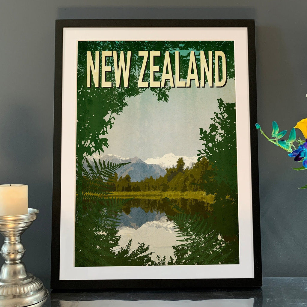 Lake Matheson New Zealand Art Print: Vintage Travel Poster