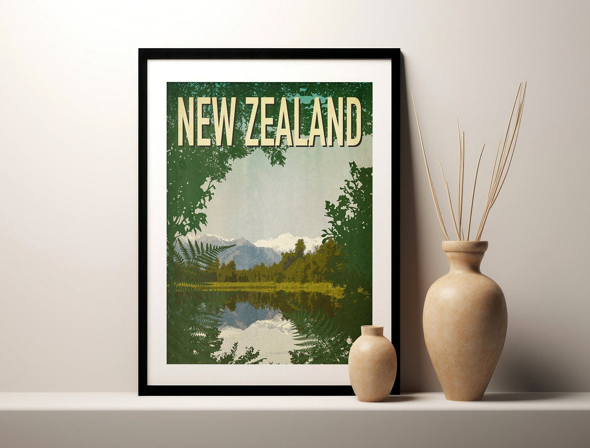 Lake Matheson New Zealand Art Print: Vintage Travel Poster