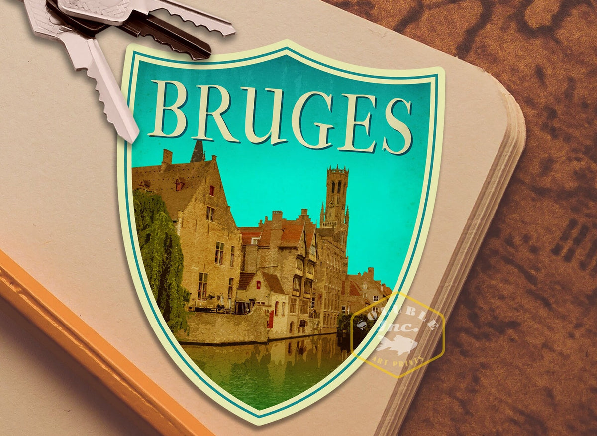 Bruges Belgium Travel Sticker: Vintage Suitcase Decal