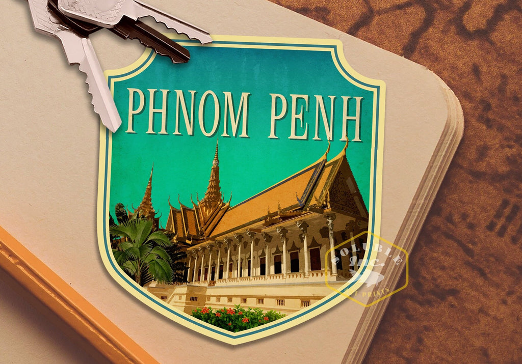 Phnom Penh travel sticker, vintage style decal for suitcase, luggage, laptop or water bottle