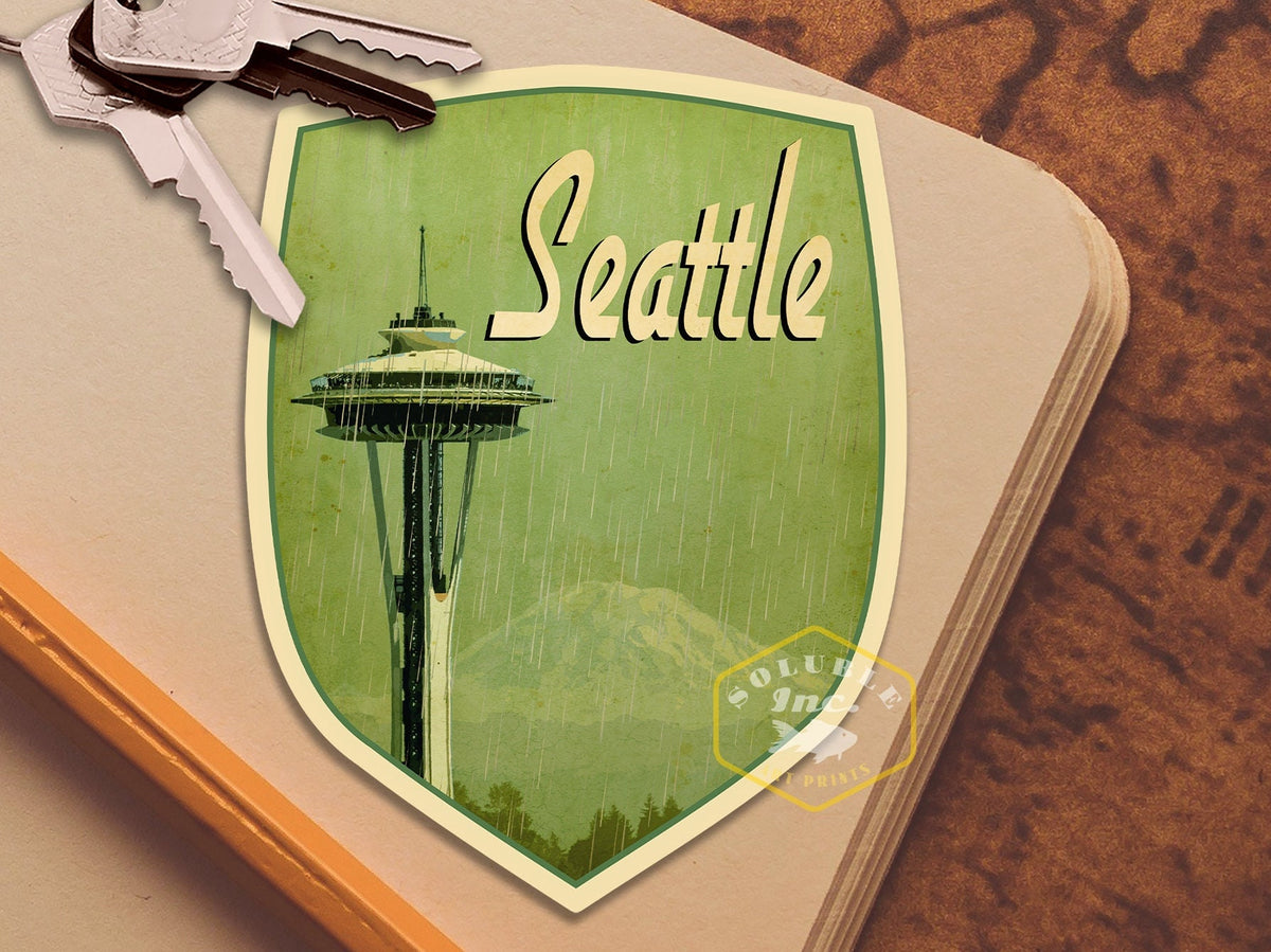 Seattle travel sticker, vintage style decal for suitcase, luggage, laptop or water bottle