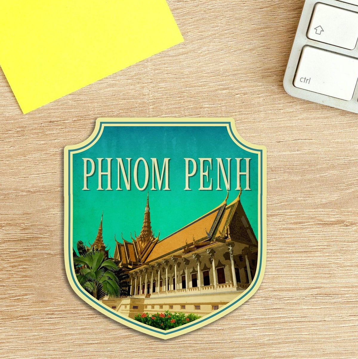 Phnom Penh travel sticker, vintage style decal for suitcase, luggage, laptop or water bottle