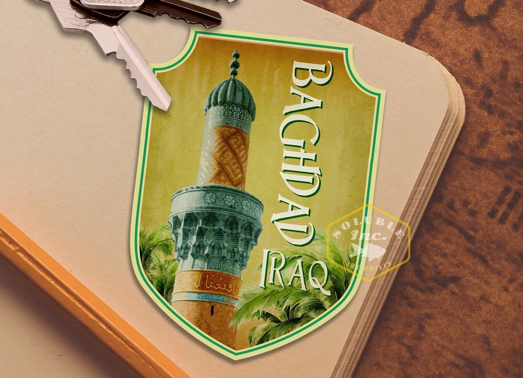 Baghdad travel sticker, vintage style decal for suitcase, luggage, laptop or water bottle
