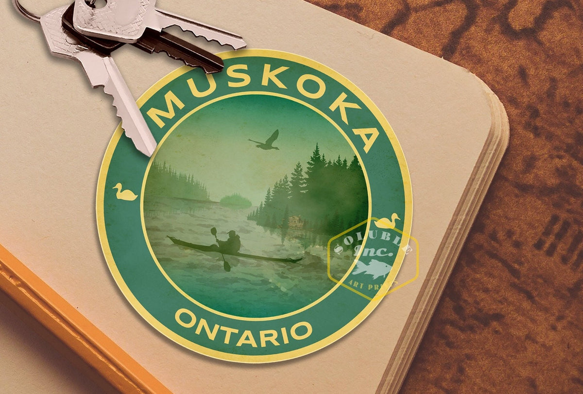 Muskoka Ontario travel sticker, vintage style decal for suitcase, luggage, laptop or water bottle