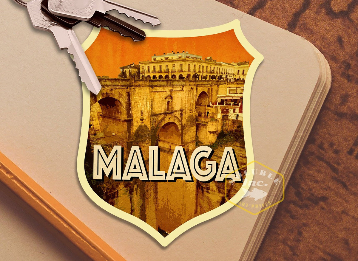 Malaga Spain Travel Sticker: Vintage-Style Luggage Decal