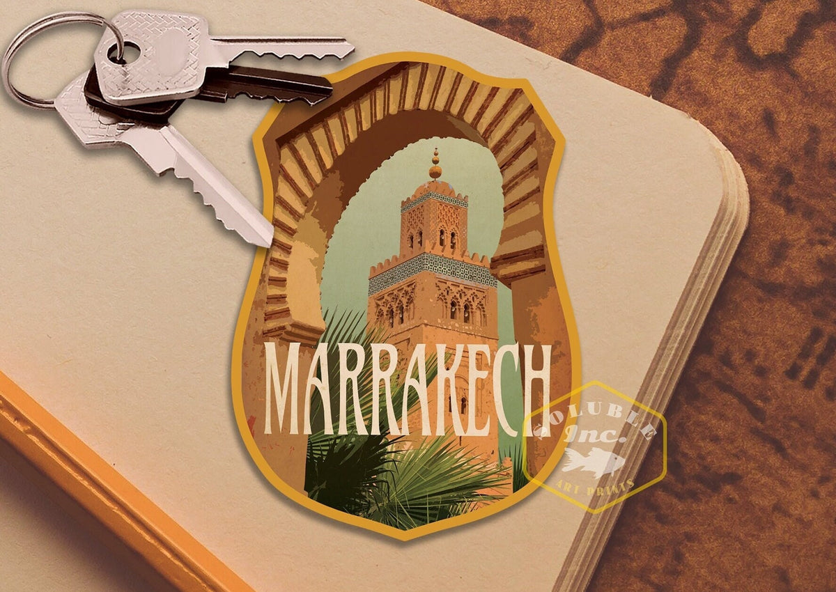 Marrakesh Morocco travel sticker, vintage style decal for suitcase, luggage, laptop or water bottle