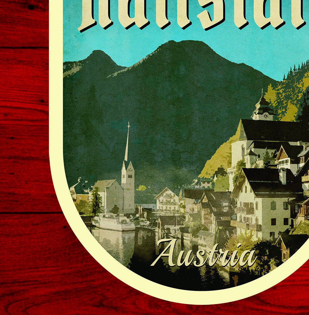 Hallstatt Austria Travel Sticker: Vintage Suitcase Decal