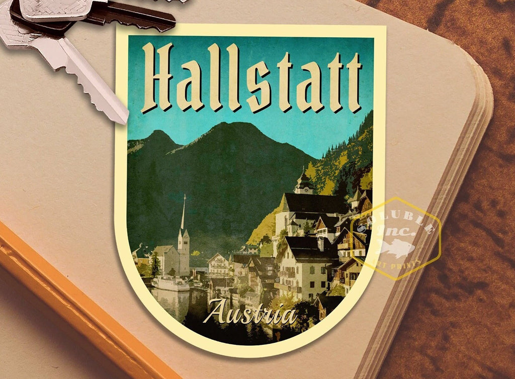 Hallstatt Austria Travel Sticker: Vintage Suitcase Decal