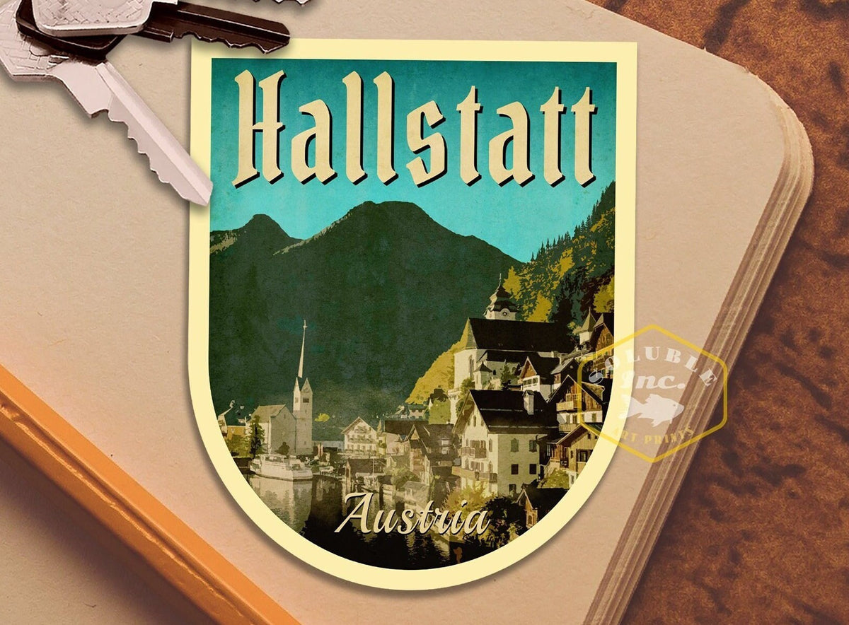 Hallstatt Austria Travel Sticker: Vintage Suitcase Decal