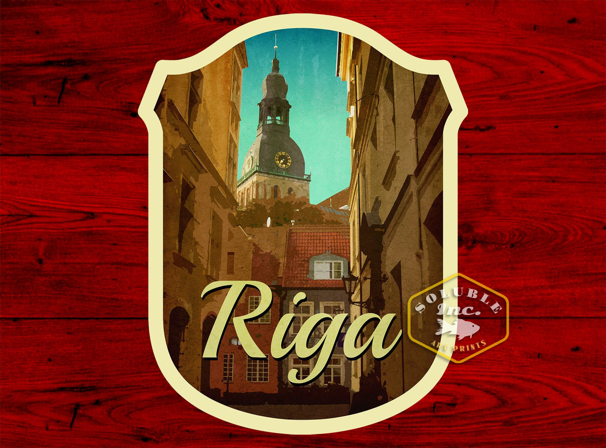Riga Latvia Travel Sticker: Vintage Suitcase Decal