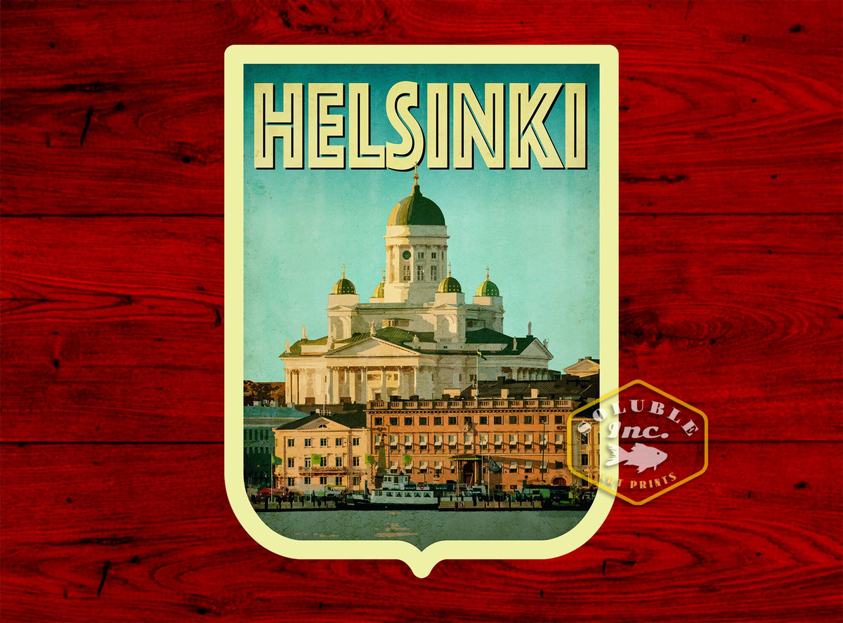 Helsinki Finland Travel Sticker: Vintage Suitcase Decal