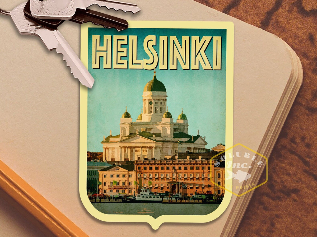 Helsinki Finland Travel Sticker: Vintage Suitcase Decal