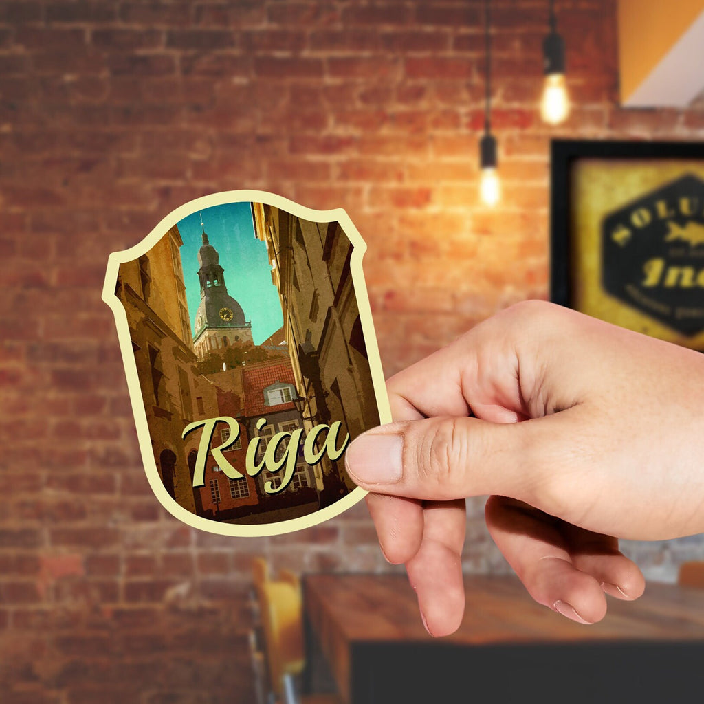 Riga Latvia Travel Sticker: Vintage Suitcase Decal