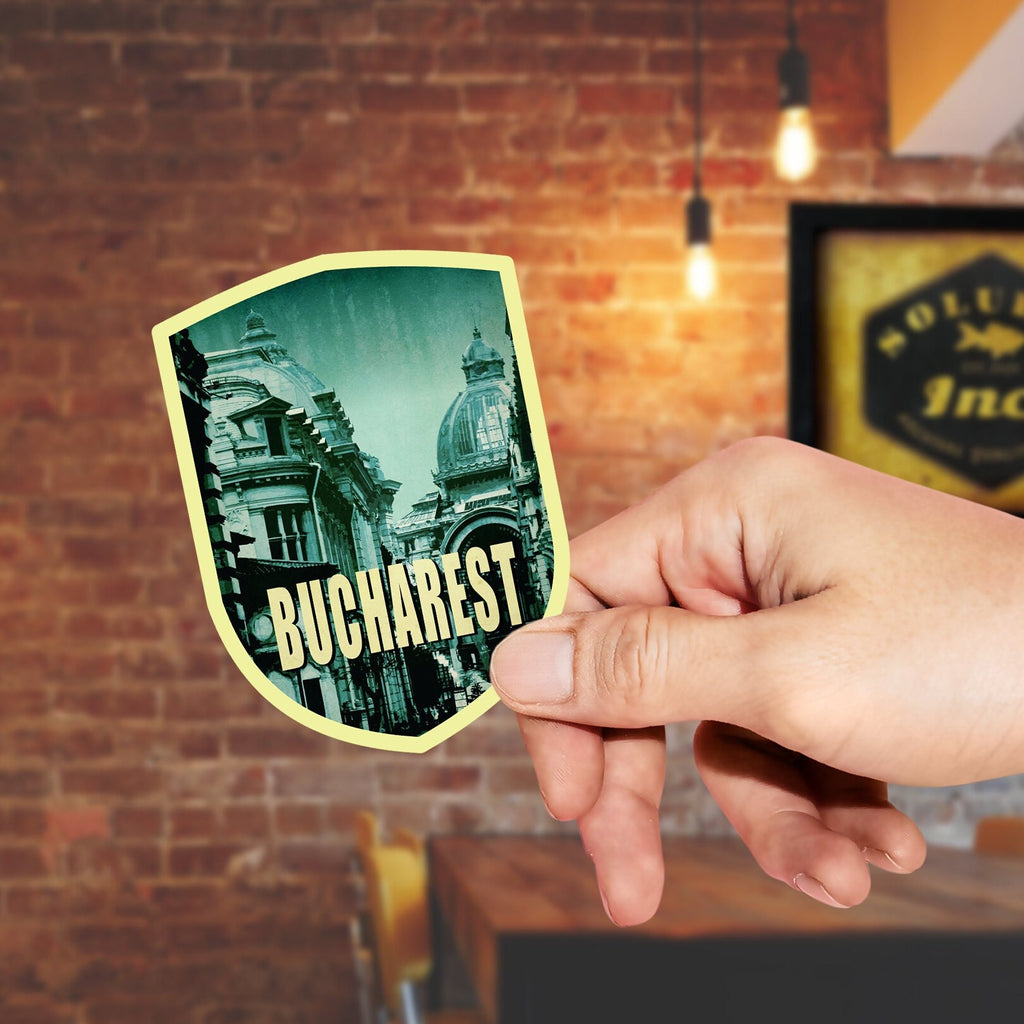 Bucharest Romania Travel Sticker: Vintage Suitcase Decal