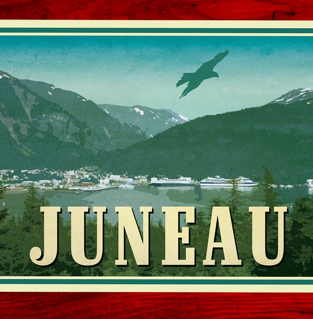 Juneau, Alaska travel sticker, vintage style decal for suitcase, luggage, laptop or water bottle