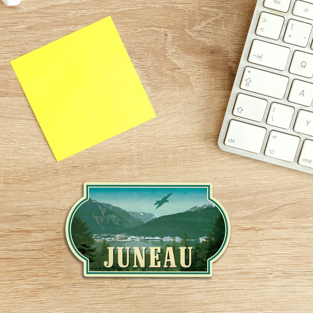 Juneau, Alaska travel sticker, vintage style decal for suitcase, luggage, laptop or water bottle