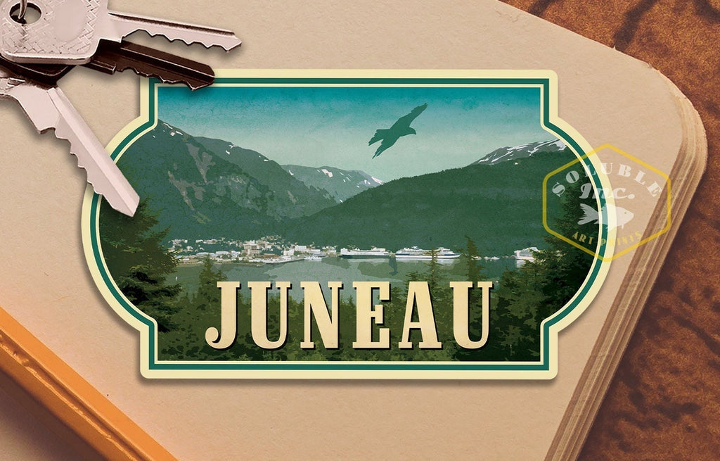 Juneau, Alaska travel sticker, vintage style decal for suitcase, luggage, laptop or water bottle