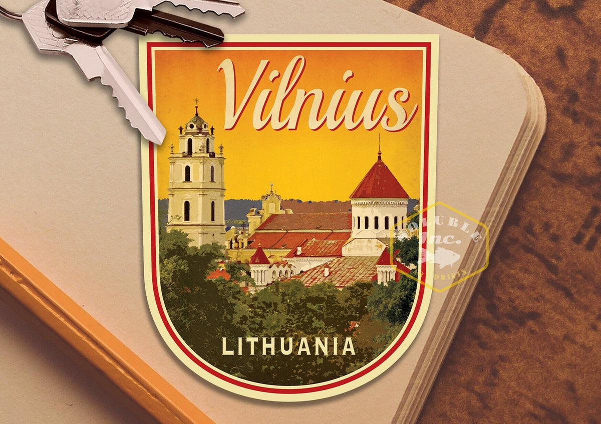 Vilnius Lithuania Travel Sticker: Vintage Suitcase Decal