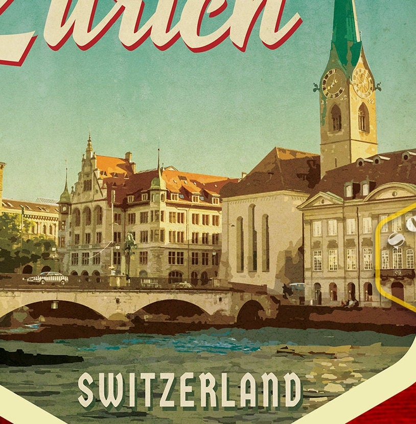 Zurich Switzerland Travel Sticker: Vintage=style Luggage, Laptop Decal