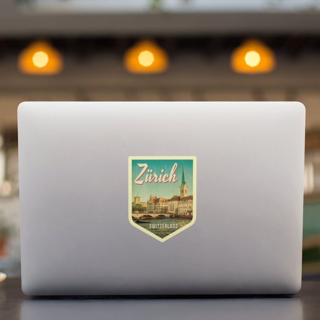 Zurich Switzerland Travel Sticker: Vintage=style Luggage, Laptop Decal