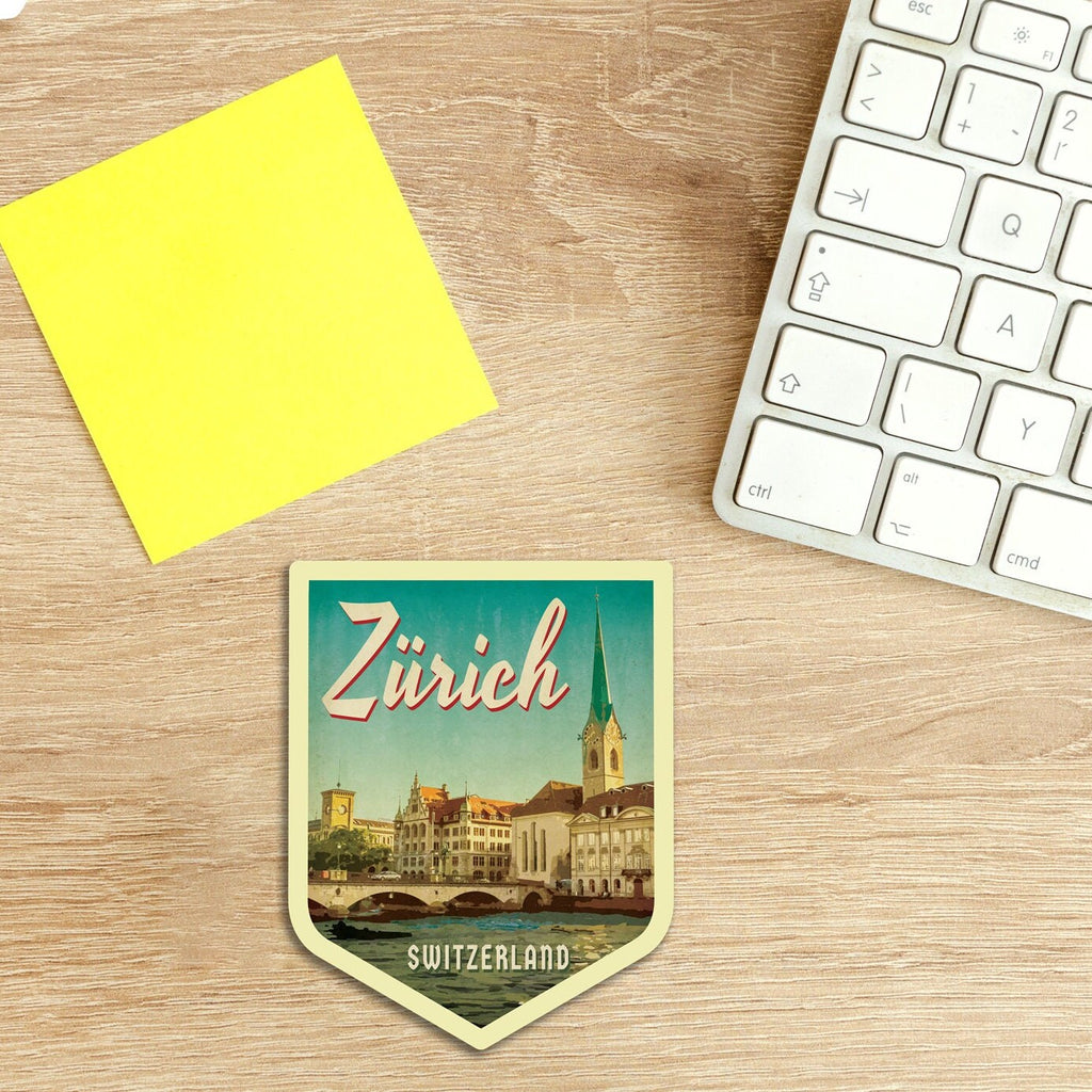 Zurich Switzerland Travel Sticker: Vintage=style Luggage, Laptop Decal