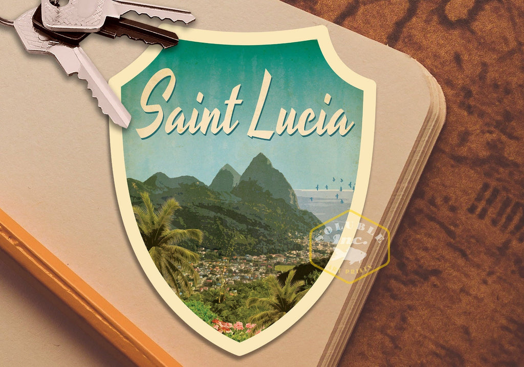 Saint Lucia travel sticker, vintage style decal for suitcase, luggage, laptop or water bottle