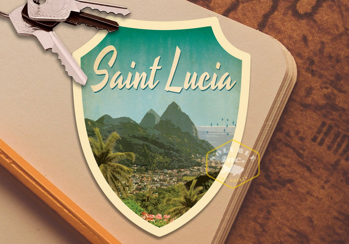 Saint Lucia travel sticker, vintage style decal for suitcase, luggage, laptop or water bottle