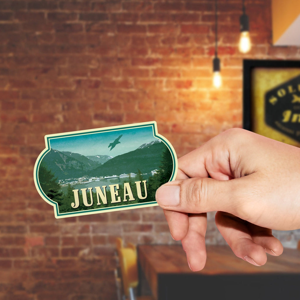 Juneau, Alaska travel sticker, vintage style decal for suitcase, luggage, laptop or water bottle