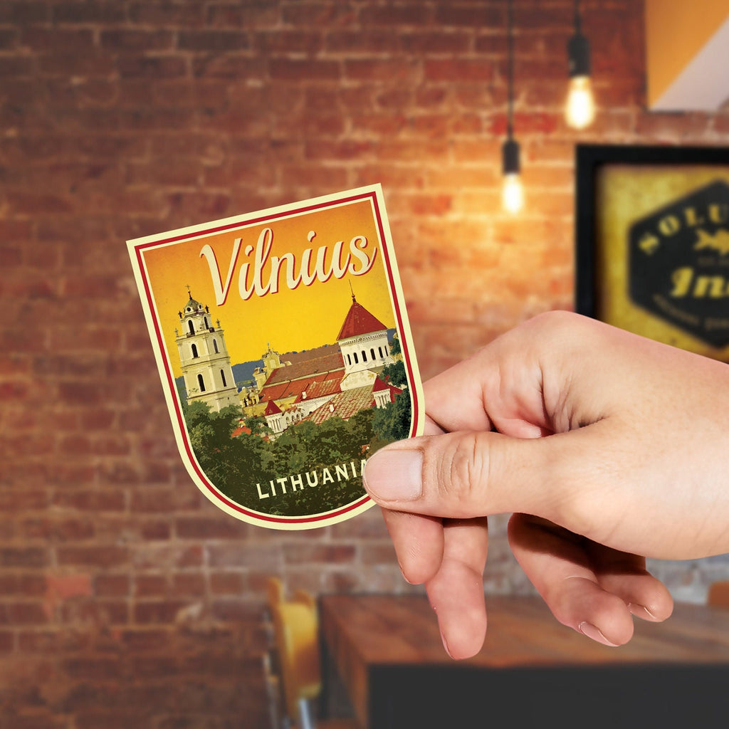 Vilnius Lithuania Travel Sticker: Vintage Suitcase Decal