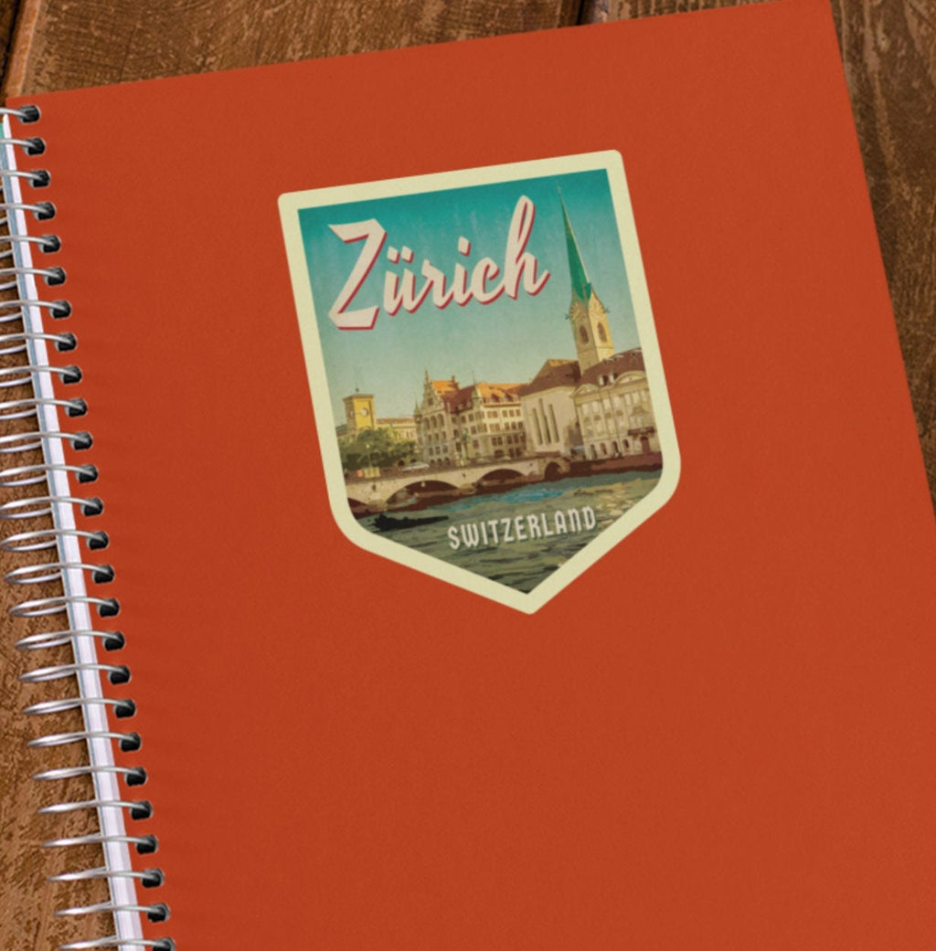 Zurich Switzerland Travel Sticker: Vintage=style Luggage, Laptop Decal