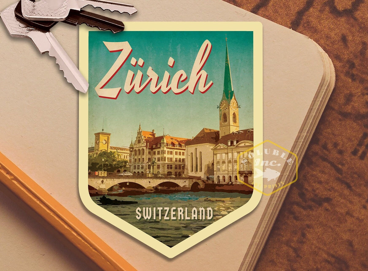 Zurich Switzerland Travel Sticker: Vintage=style Luggage, Laptop Decal