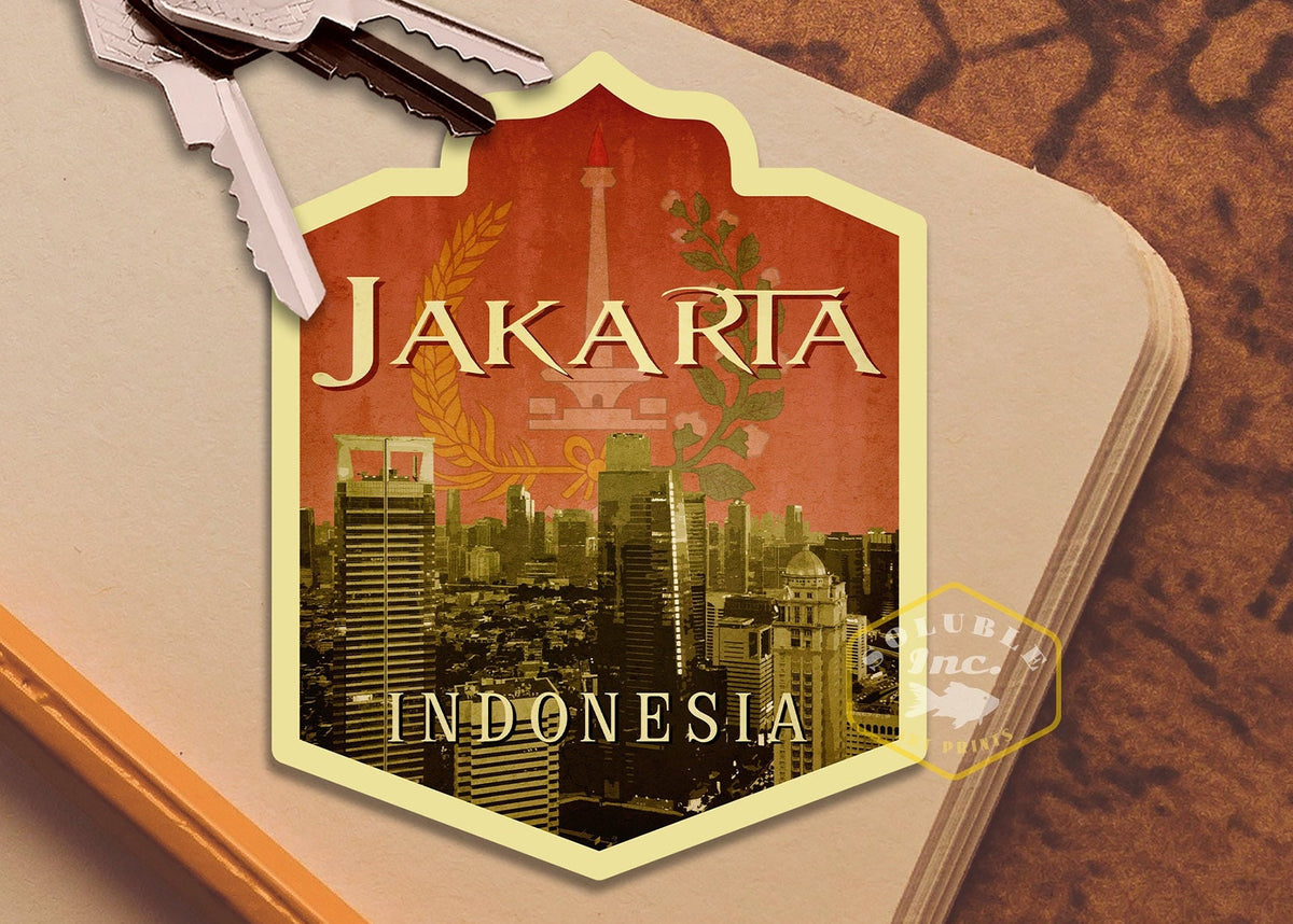 Jakarta Indonesia travel sticker, vintage style decal for suitcase, luggage, laptop or water bottle