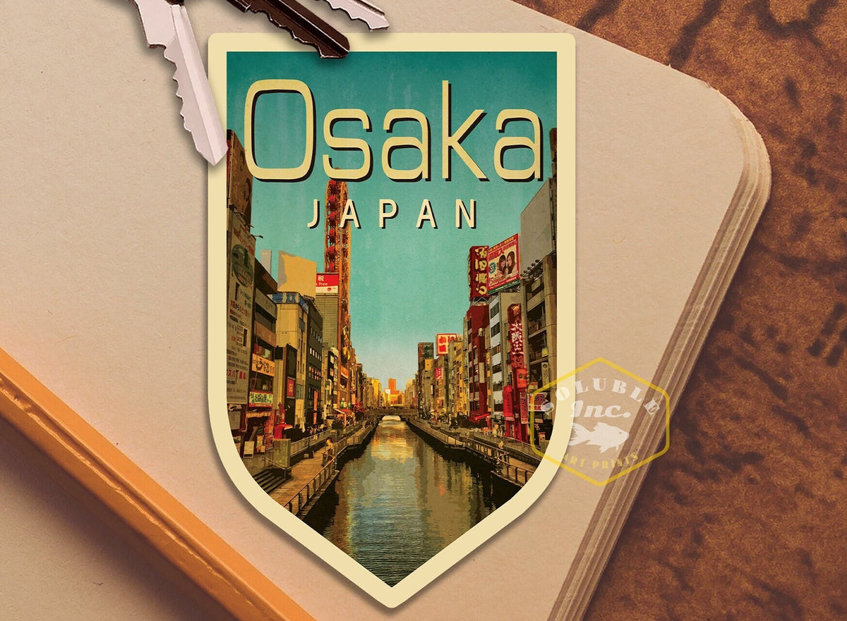 Osaka Japan travel sticker, vintage style decal for suitcase, luggage, laptop or water bottle
