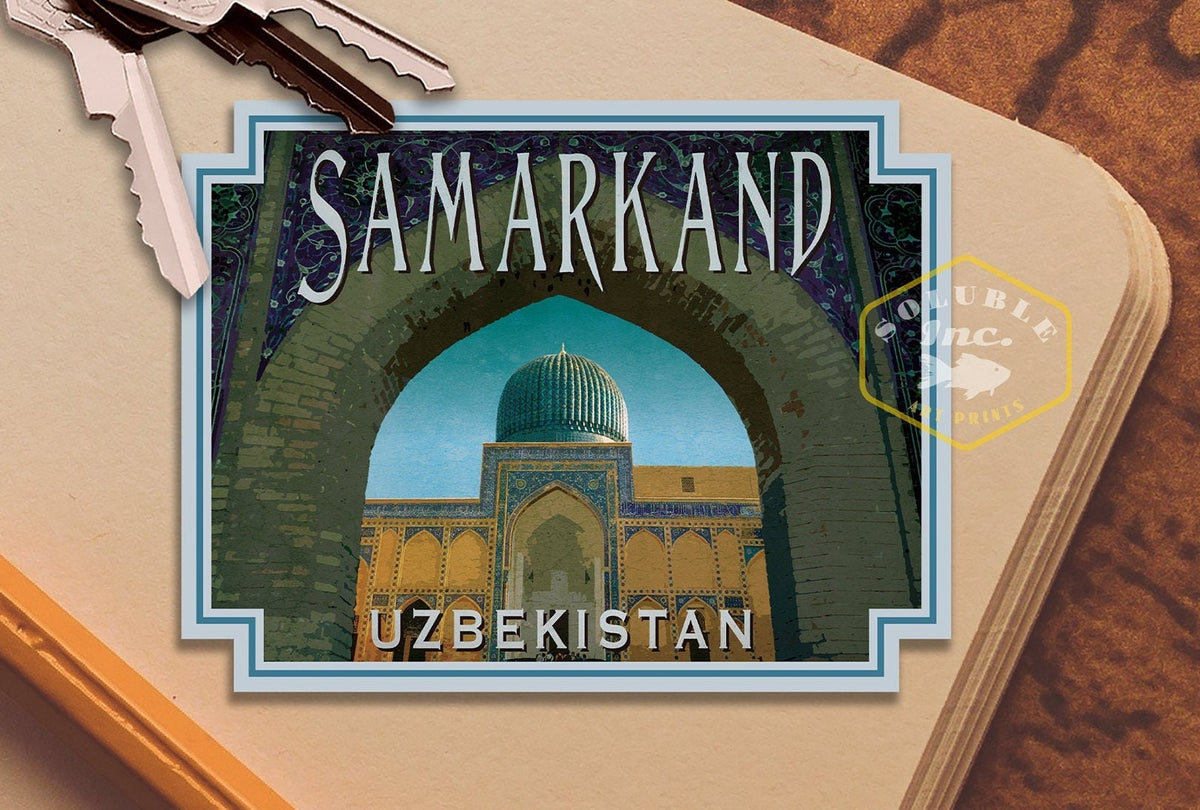 Samarkand Uzbekistan Travel Sticker: Vintage Suitcase Decal
