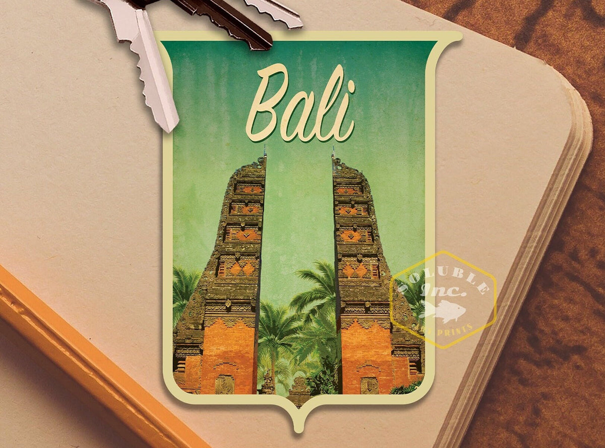 Bali Indonesia travel sticker, vintage style decal for suitcase, luggage, laptop or water bottle
