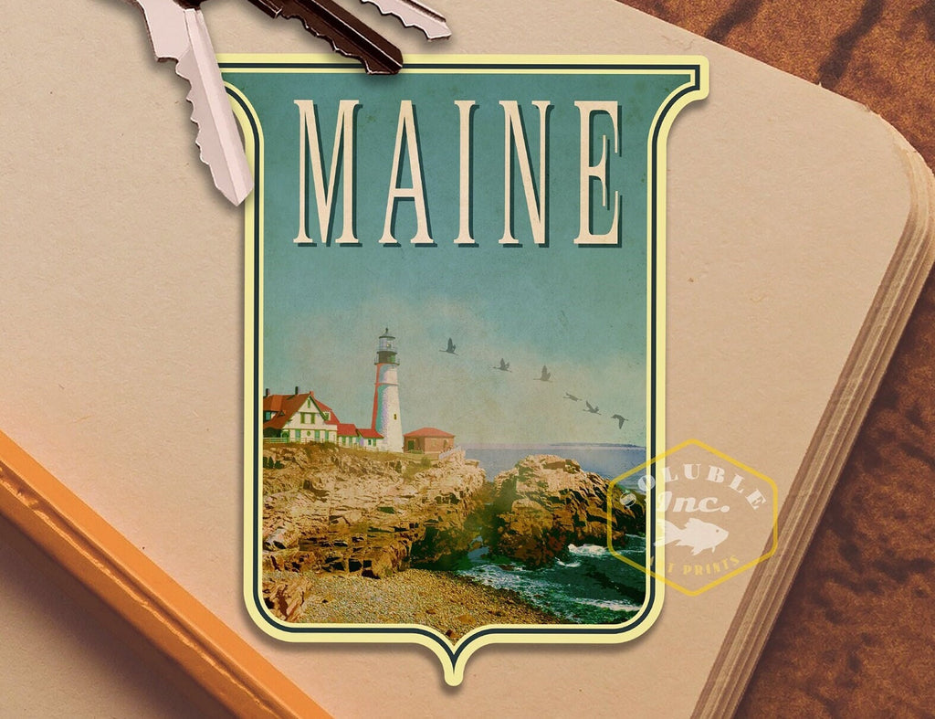 Maine travel sticker, vintage style decal for suitcase, luggage, laptop or water bottle