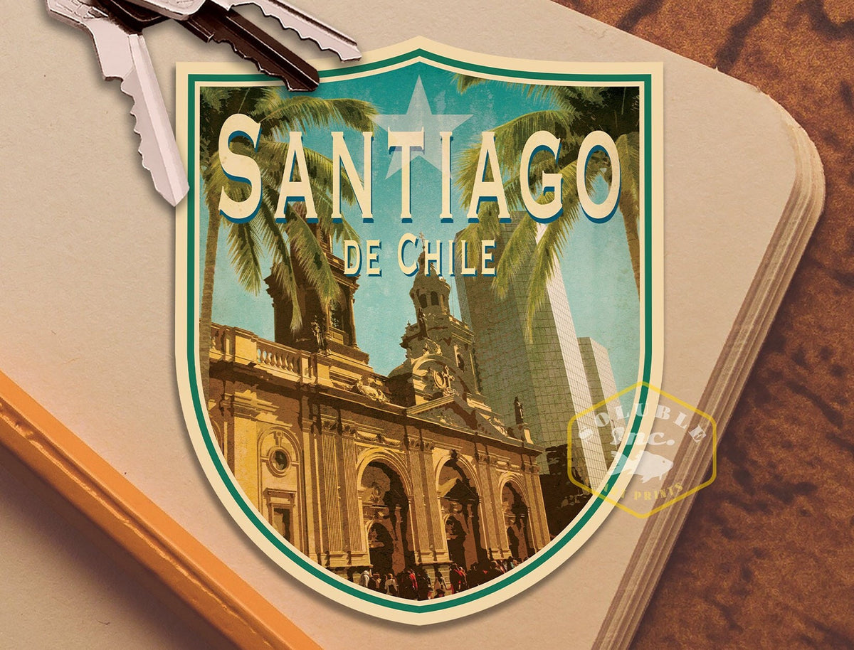 Santiago, Chile travel sticker, vintage style decal for suitcase, luggage, laptop or water bottle