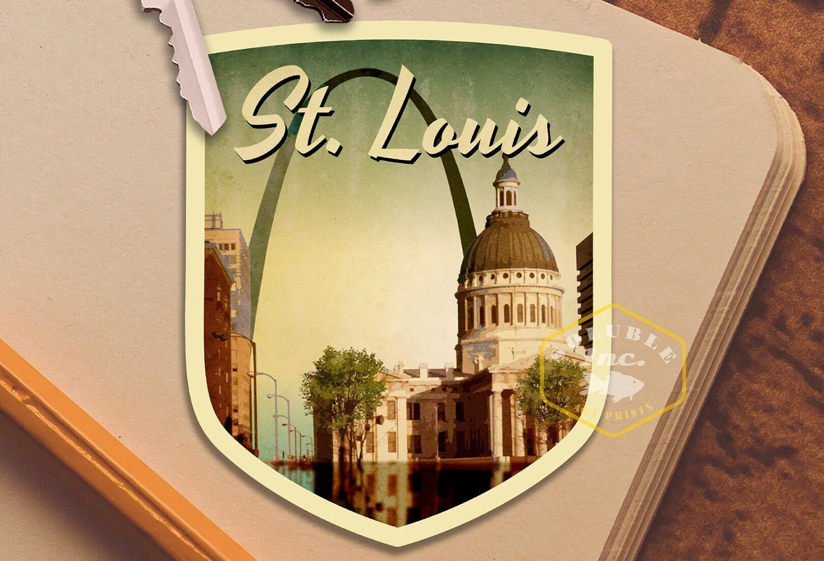 St Louis travel sticker, vintage style decal for suitcase, luggage, laptop or water bottle